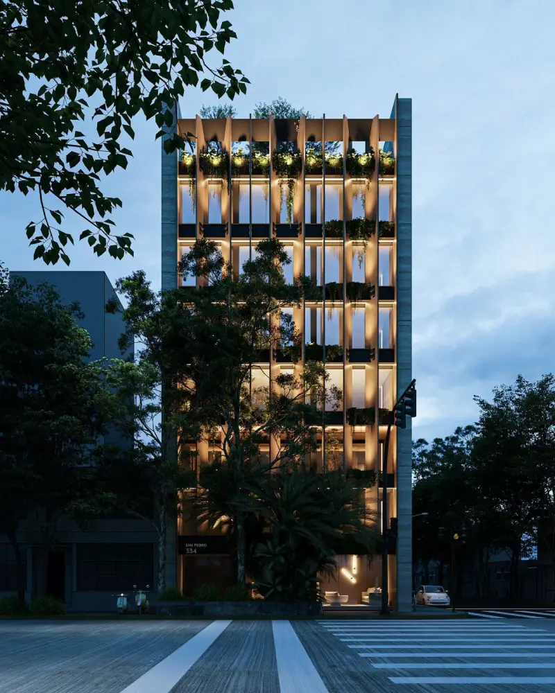 Render nocturno del edificio de consultorios médicos boutique Zaiah Health en Av. Patriotismo 334, San Pedro de los Pinos, CDMX